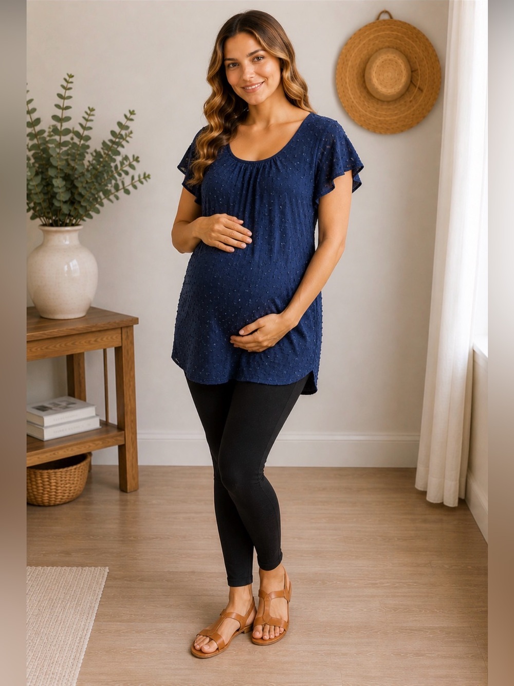 Motherhood Maternity navy swiss dot flutter sleeve top size L baby bump blouse